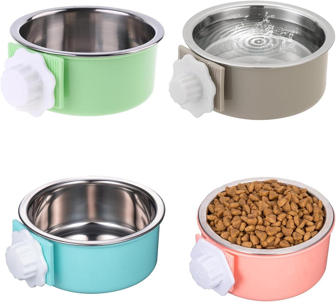 4 Pieces Crate Dog Bowl, Removable Stainless Steel Pet Kennel Hanging Food Water Feeder Bowl Cage Coop Cup for Puppy Medium Dog Cat Rabbit Ferret Bird (Blue,Green,Red,Grey)