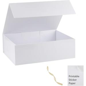 White Large Gift Box 16x14x5.3 With Lid, Ribbon, DIY Printable Sticker Paper - Magnetic Bridesmaid Proposal Box for Birthday, Wedding, Graduation Presents