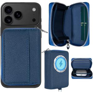 Strong Magnetic for MagSafe Wallet Pouch / Pixelsnap, Zipper Pocket Large Capacity for Earpod/Earphone/Car Keys & More, 3 Card Slots RFID Block for iPhone Air 17 16 15 Pro Max Pixel 10 Series (Blue)