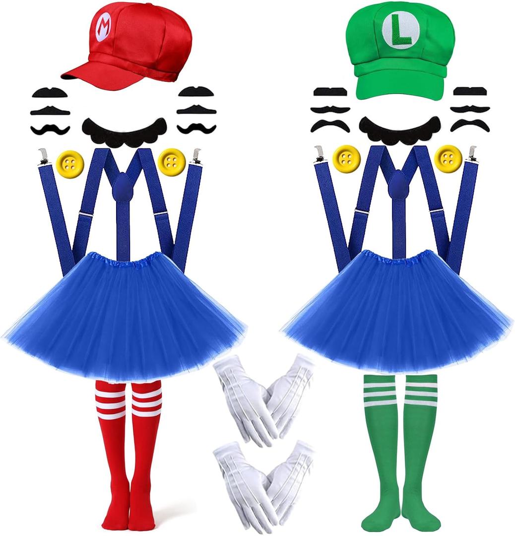 Mary and Luigi Costume for Adult,Kids,Super Bros Red and Green Hats,Mustache,Gloves,Socks, Blue Dress Outfits Accessories Halloween Cosplay for Men & Women