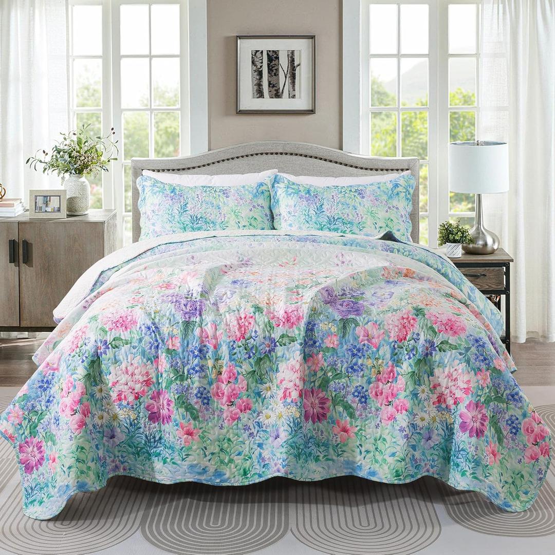 HoneiLife Quilt Set - King Size Floral Quilts, 3-Piece Microfiber Coverlets, Lightweight All Season Bedding Set - Dream Garden, Purple (King-106"x 96")