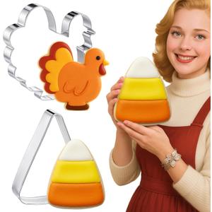 2 Pcs Extra Large 8" Thanksgiving Cookie Cutters Including Giant Candy Corn and Turkey Shaped Stainless Steel Mold Cutters for Fall Holiday Baking