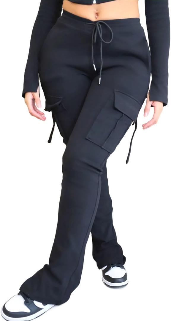 SHINFY Cargo Sweatpants for Women Drawstring High Waisted Casual Stretchy Cargo Pants Joggers Leggings with Pockets (XX-Large, Black)