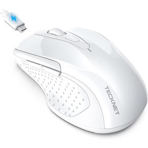 TECKNET Rechargeable Jiggler Wireless Mouse (BT5.0/3.0 & 2.4G) 4800 DPI Silent USB A & Bluetooth Mouse 6 Buttons, Wide Compatibility - White