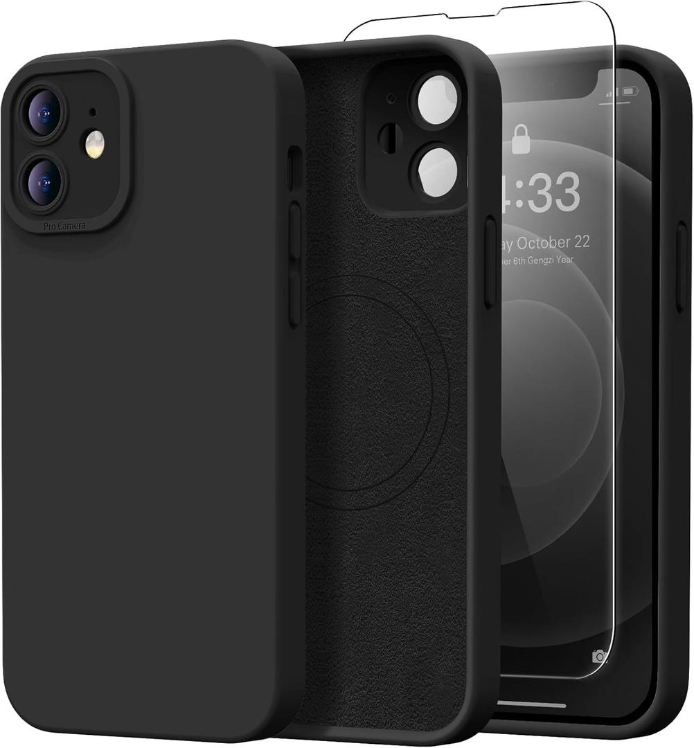 Designed for iPhone 12 Case with Screen Protector - Upgraded Camera Protection - Wireless Charging Compatible - Silicone Protective Phone Case 6.1" for Men Women Girls - Black