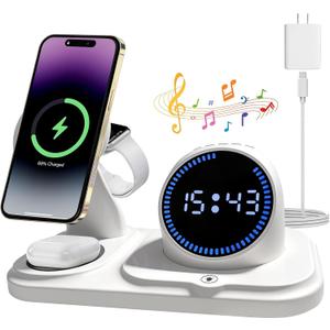 6-in-1 Wireless Charging Station with Bluetooth Speaker,Digital Clock and Ambient Lights,Fast Wireless Charger for for Multiple Devices for Apple - iPhone 17 16 15 14 13 12 Pro Max Apple Watch Airpods