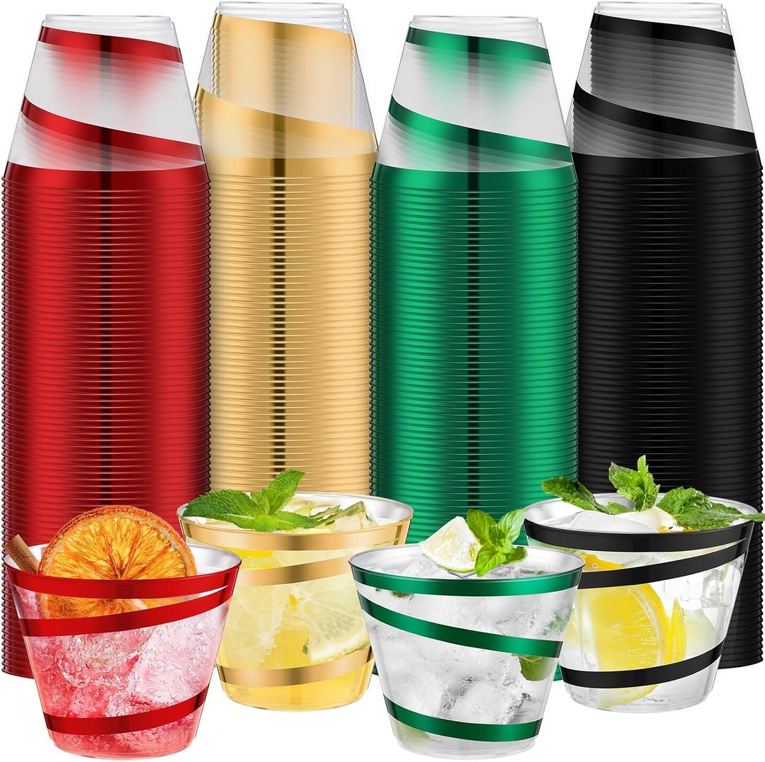 Gejoy 9 oz Rimmed Swirl Plastic Cups Disposable Wine Drinking Cups Clear Elegant Graduation Tumblers for Mother's Day Wedding Party Supplies(100 Pcs,Black, Green, Red, Gold)