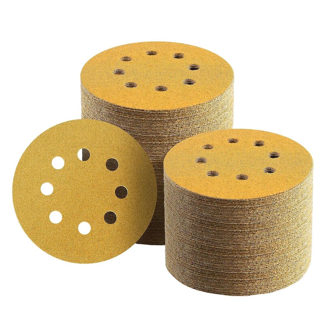 100 Pcs 5 Inch Sanding Discs Hook and Loop, 60 Grit Sandpaper for Woodworking or Automotive, 8 Hole Gold Premium Dustless Random Orbit Sandpaper