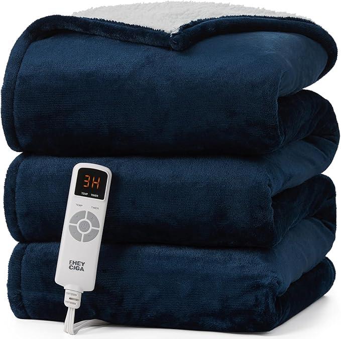EHEYCIGA Heated Blanket Electric Blanket Throw - Heating Blanket with 5 Heating Levels & 4 Hours Auto Off, Soft Cozy Sherpa Washable Blanket with Fast Heating, 50 x 60 Inches, Navy Blue