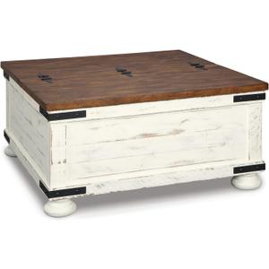 Signature Design by Ashley Wystfield Farmhouse Square Storage Coffee Table with Hinged Lift Top, Distressed White