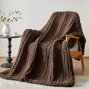 Chunky Knit Throw Blanket, 60''*80'' Knitted Throw Chenille Yarn for Bed Couch, Handmade Dark Brown Crochet Big Thick Blanket, Machine Washable Cute Comfy Blanket for Home Decor