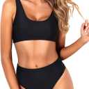 Tempt Me Women Two Piece Scoop Neck Bikini Crop Top Swimsuit Sporty High Waisted Bathing Suit (Small, Black)