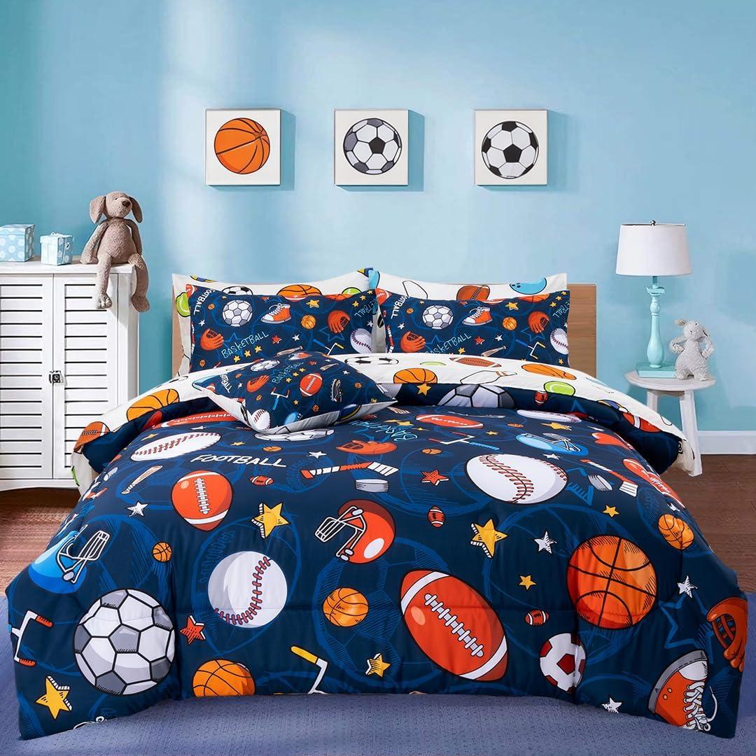 A Nice Night 6Pcs Bed in A Bag Full Sports Microfiber Modern Comforter Set, Navy Rugby Ball Printed Bedding Collections, for Boys Kids Teen