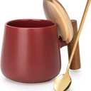 14 Oz Ceramic Coffee Mug with Lid and Coffee Spoon for Latte,Cappuccino Mug, Cocoa Mugs, Tea Mug, Birthday Gifts for Women, 1 Pack (Matte Red)