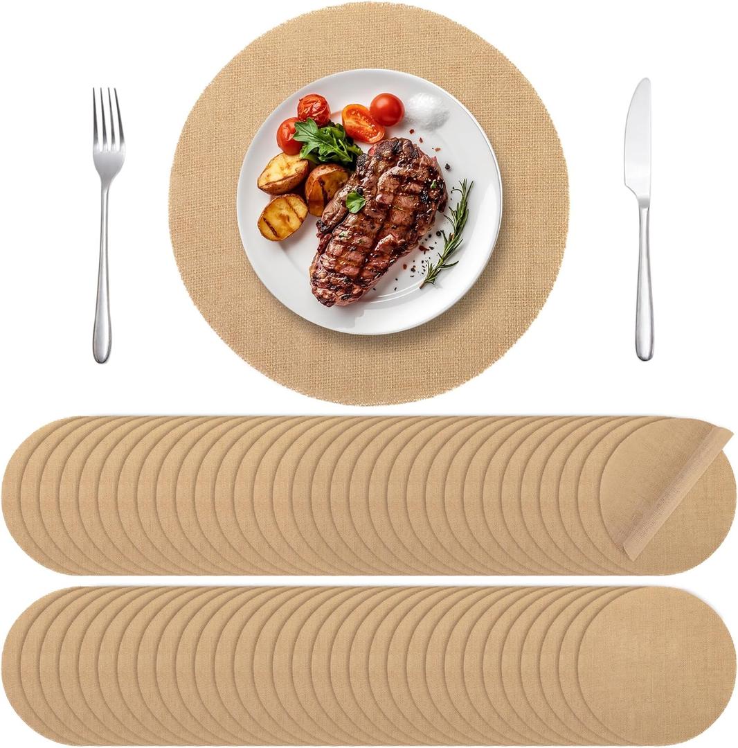 Aneco 100 Pieces Round Burlap Placemats 11.8 Inch Reusable Brown Table Mats Heat Resistant Natural Jute Fibers Placemats Burlap Circle Rustic Table Decorations for Dinner Holiday Farmhouse Decor
