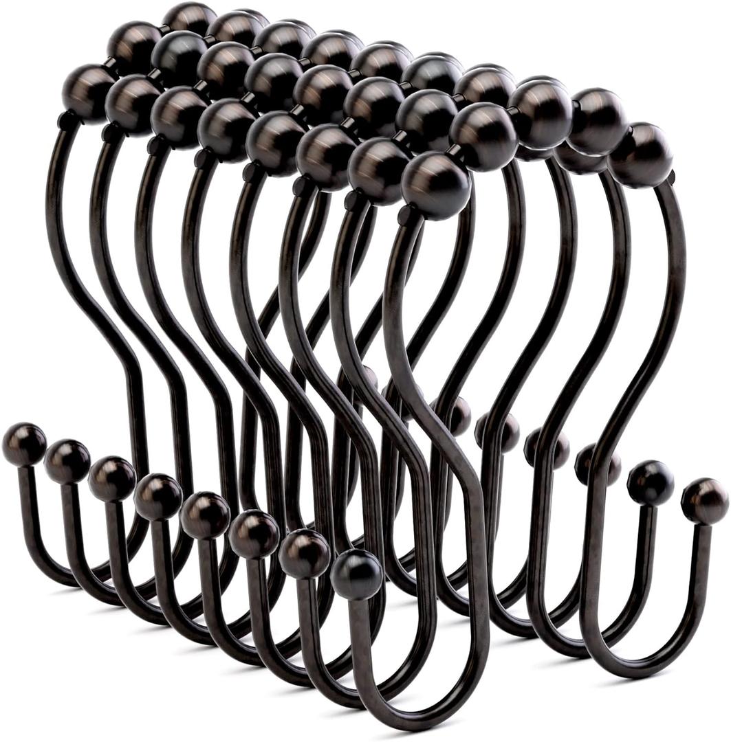 Bathway Shower Curtain Hooks Bronze Shower Curtain Rings Rust Proof Double Hook Shower Curtain Hooks, 12 Pcs Shower Hooks for Shower Curtain, Shower Rings for Curtain Bathroom, Metal Shower Rod Hooks