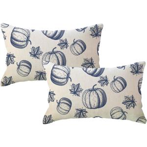3 x Fall Pumpkins Throw Pillow Covers 18x18 with Maple Leaves Farmhouse Autumn Harvest Thanksgiving Decorative Lumbar Pillowcases Seasonal Decor Cushion Covers 2Pack for Sofa/Couch/Porch (Blue)