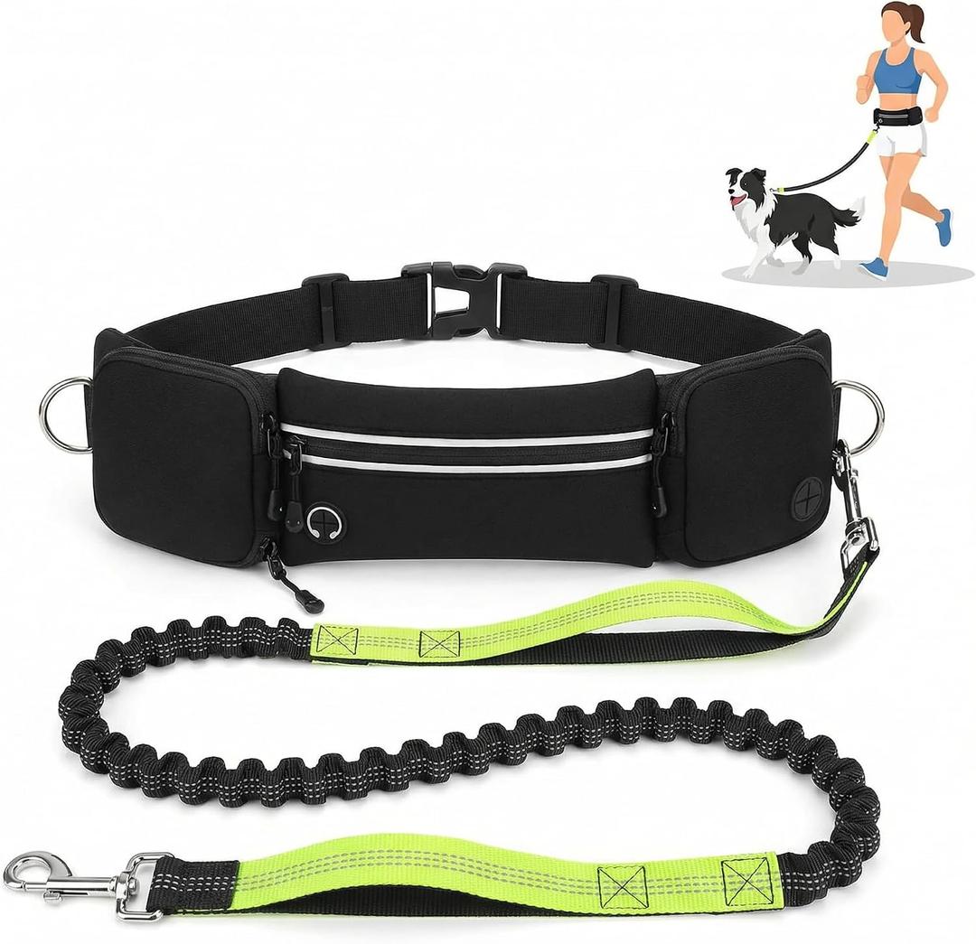Hands Free Dog Leash 3 Zip Pounchs with Reflective Strips Poop Bag Dispenser,Waist Belt Fanny Pack Waterproof,Dual Handles and Durable Bungee for Dog Walking,Jogging and Running (black-green)