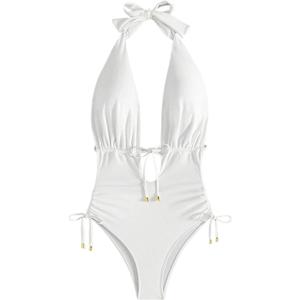 WDIRARA Women's Tie Front Sleeveless Halter One Piece Swimsuit Ruched V Neck Backless Swimwear (Medium, White)