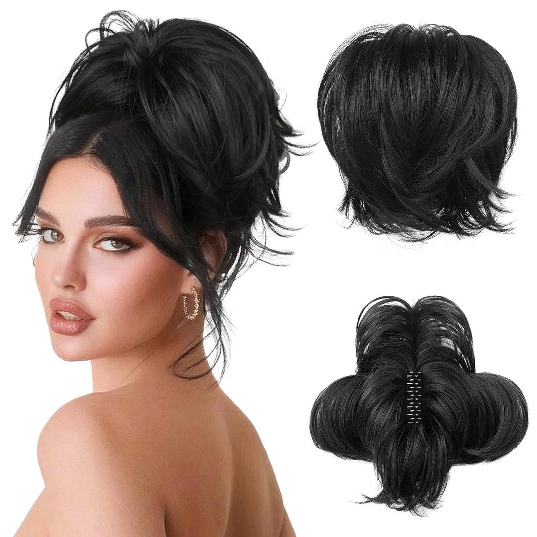 HOOJIH Messy Bun Hair Piece, Claw Clip in Straight Hair Bun 9 Inch Short Ponytail Extension with Bendable Metal Wire Hair Pieces for Women Fake Hair Bun DIY Styles - Black