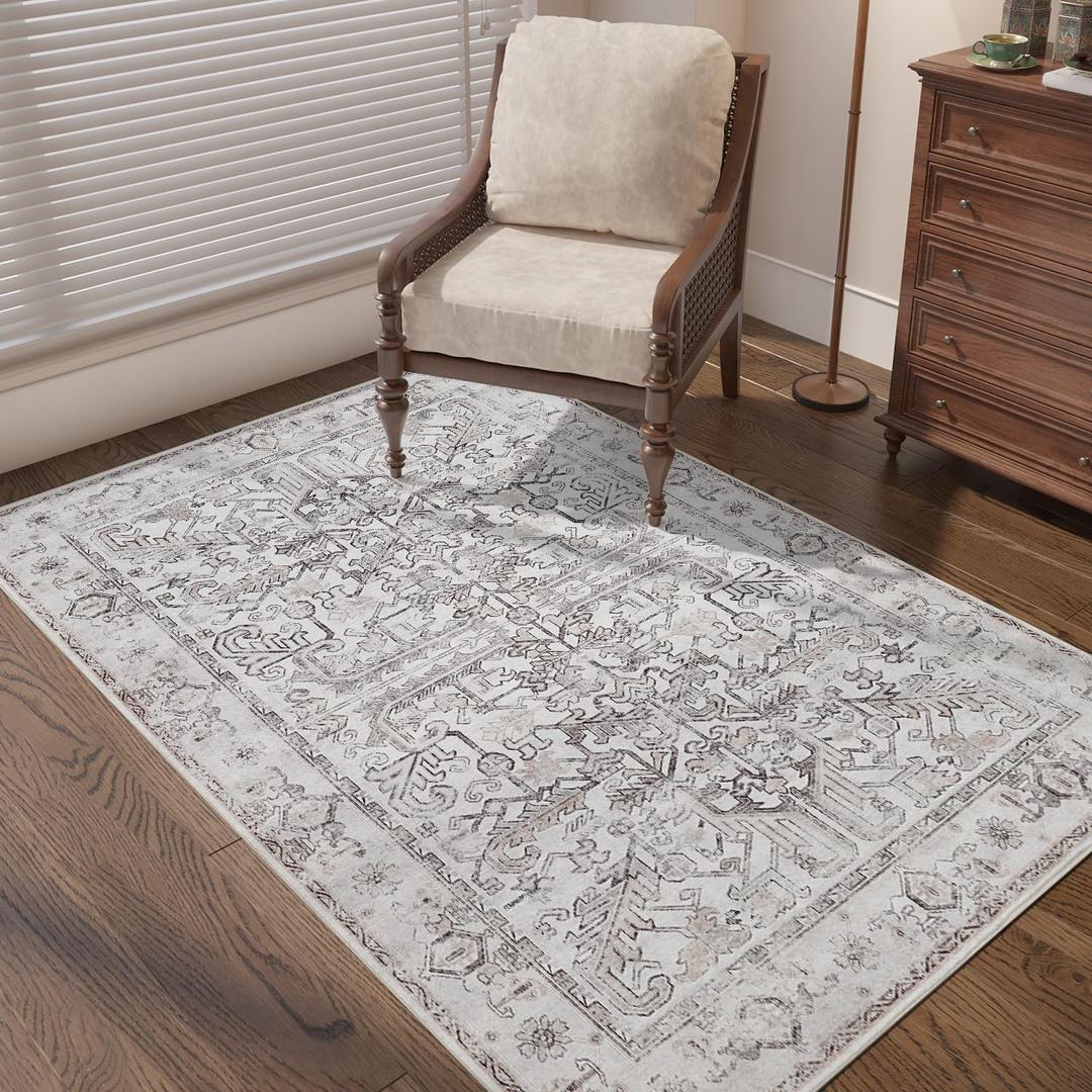 jinchan Vintage Area Rug 3x5 for Entryway - Machine Washable Stain Resistant Non-Slip Low Pile Ultra-Thin Floral Print Indoor Rug for Kitchen Bedroom Living Room (3x5ft,Beige) (3' x 5' (Light Weight), Border Beige)
