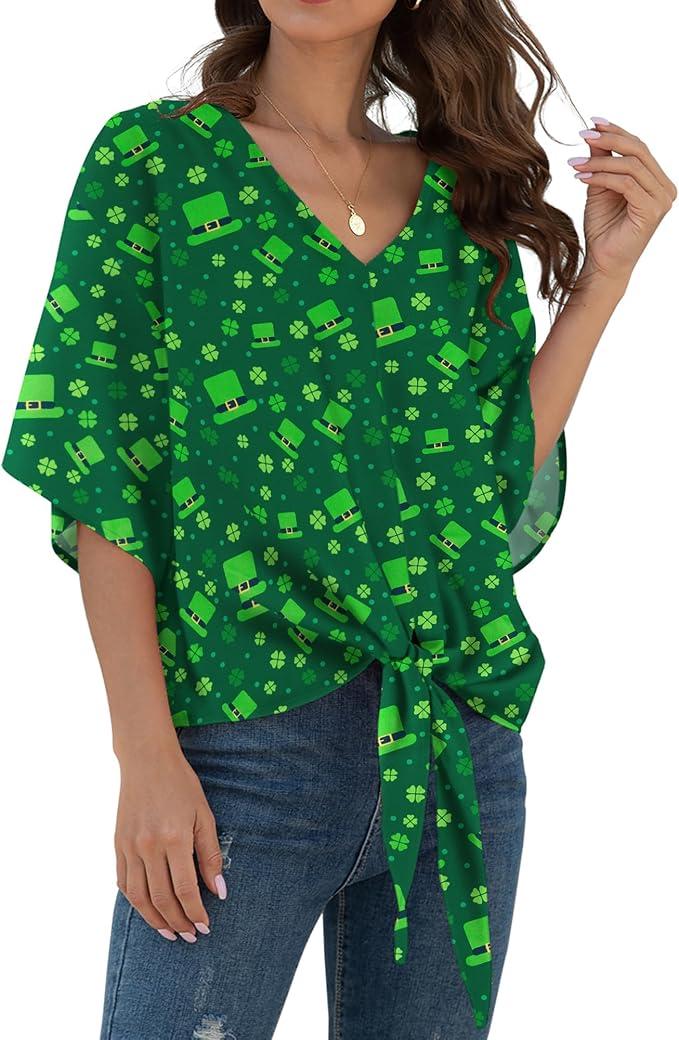 VIISHOW Womens Tie Front Chiffon Blouses V Neck Batwing Short Sleeve Summer Tops Shirts Medium