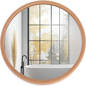LVMU Round Oak Woodgrain Frame Wall Mirror 20 Inch Rustic Farmhouse | Decorative Brown Circle Mirrors for Bathroom Hanging Vanity Mirror Hallway Entryway Bedroom (Oak, 20"L x 20"W)