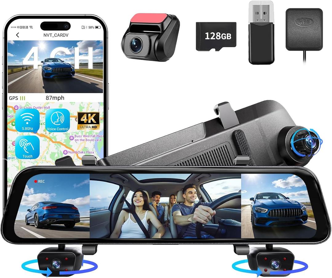 12" 4K Mirror Dash Cam with STARVIS 2 Sensor,View Rear Mirror Camera Fron and Rear Inside,Built-in 5.8G WiFi GPS, APP Control,Back up Camera for Cars,8 IR Night Vision Free 128G