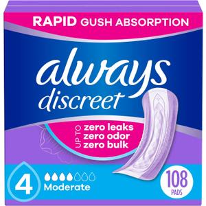 Always Discreet Adult Incontinence Pads for Women, Drier vs Poise, 4 Drop Regular Length, Moderate Absorbency, Pads for Bladder Control Management, Bladder Leaks, & Postpartum Pads
