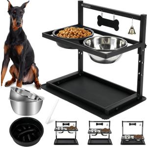 Elevated Slow Feeder Bowls for Large Dogs - Adjustable Height, 2 Stainless Steel Bowls, Spill-Proof Mat - Great for Medium Dogs Too (Black)