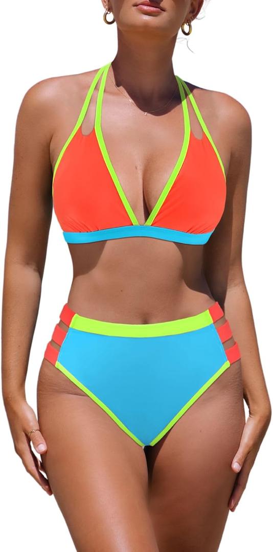 popvil High Waisted Bikini Sets for Women Two Piece Swimsuit Halter Top Bathing Suit (Small, Neon Color Block)