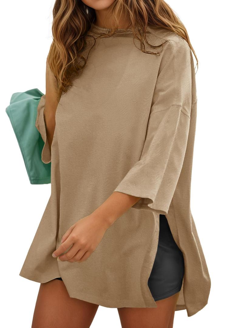 Fisoew Womens Oversized T Shirts Casual 3/4 Sleeve Side Slit Workout Gym Loose Fit Summer Tee Tunic Tops Apricot (Beige, S)
