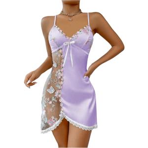 Women's Mesh Floral Embroidery Lace Trim Sheer Chemise Sleep Dresses Babydoll Nightgown Satin Slip Dress (Mauve Purple), Small