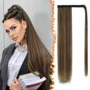 BARSDAR Wrap Around Straight Ponytail Extensions - 26 Inch Long Straight Ponytails for Women, Clip in Ponytail Hair Extensions Synthetic Pony Tails Hairpieces - Chocolate Brown with Highlights