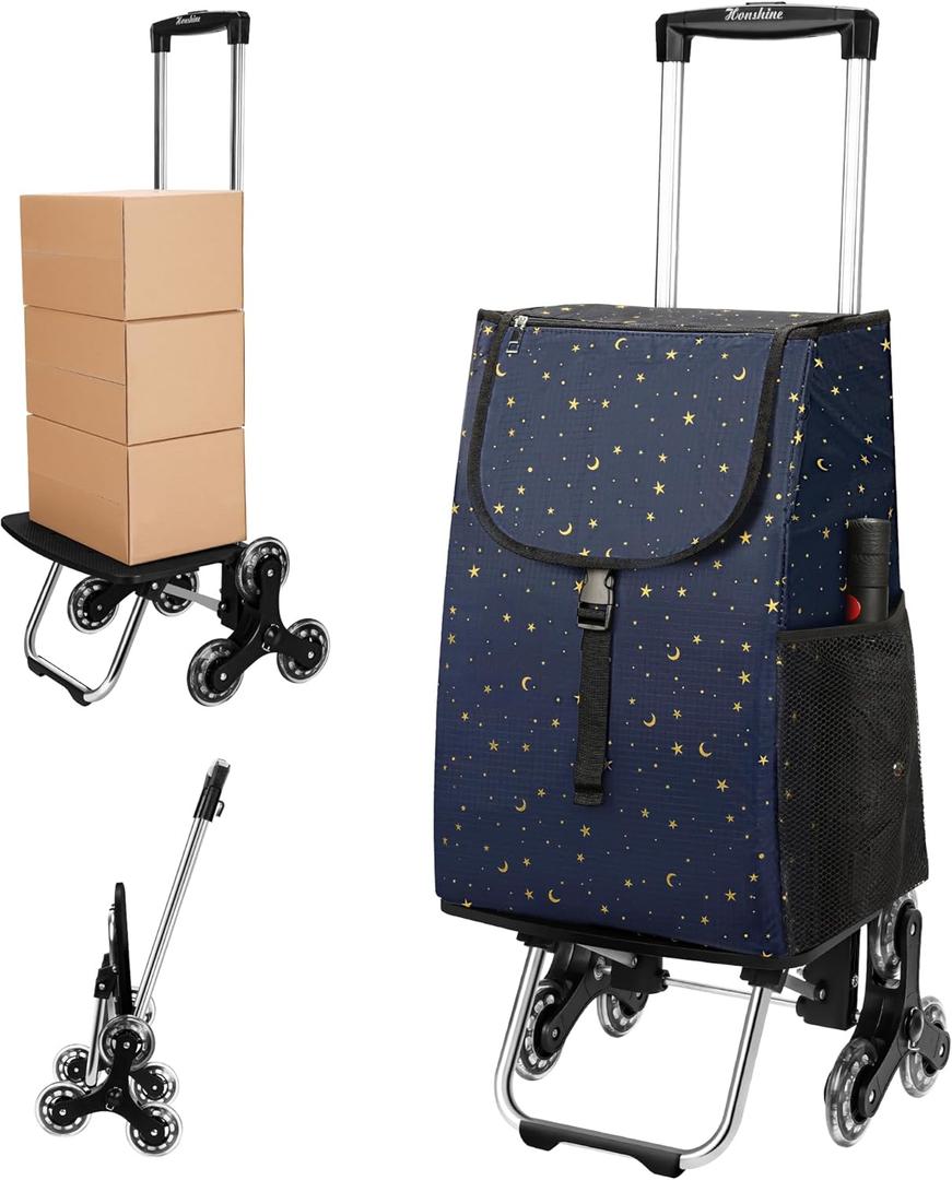 Foldable Stair Climbing Shopping Cart: Rolling Cart with Insulated Bag for Grocery Laundry (Stars)