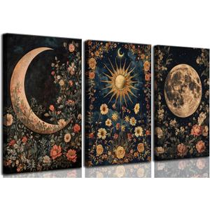 3Pcs Sun and Moon Celestial Canvas Wall Art Vintage Gothic Mystical Crescent Floral Plant Dark Academia Painting Picture Wall Decor Posters Print Artwork for Living Room Bedroom Decoration (16L" x 12W"-Canvas)