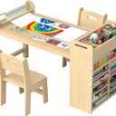 45.3L x 23W Kids Art & Craft Table and 2 Chairs Set, Paper Roll Rack and Portable Supply Organizer, Art Desk and Craft Tables for Kids,Toddler Activity and Coloring Table with Storage(Oak)