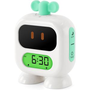 Kids Alarm Clock Ok to Wake with Green Light Red Light, Nap Timer, Robot Toddler Sleep Training Clock for Children (Green)