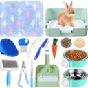 Reallnaive 15 Pcs Rabbit Starter Kit Small Rabbit Litter Box Girls Gift Animal Grooming Kit Bunny Toys Bowl Blankets with Cleaning Set for Guinea Pig Accessories(Green)