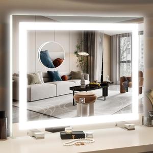 HNV 22"x20" Lighted Vanity Mirror  Large Makeup Mirror with 3-Color Dimmable LED Lights, 10X Magnification, Touch Control, Tabletop or Wall Mount Mirror for Bedroom & Dressing Room (White)