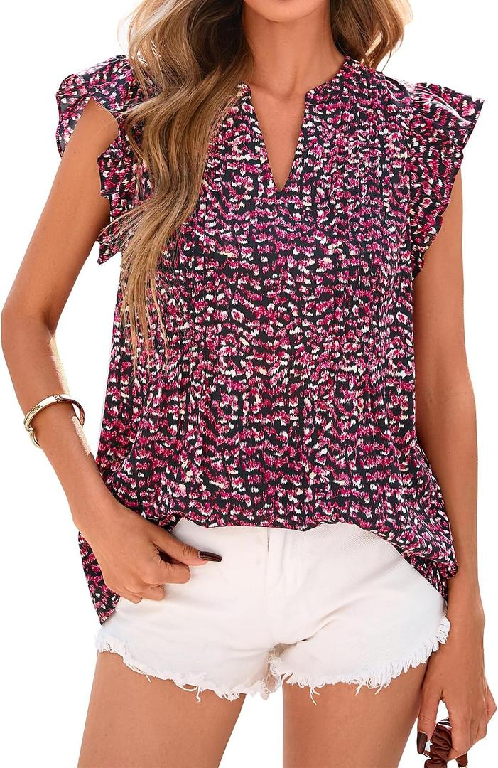 BTFBM Going Out Tops for Women Trendy 2026 Cap Sleeve V Neck Floral Blouses Dressy Casual Cute T Shirts Spring Fashion (S)