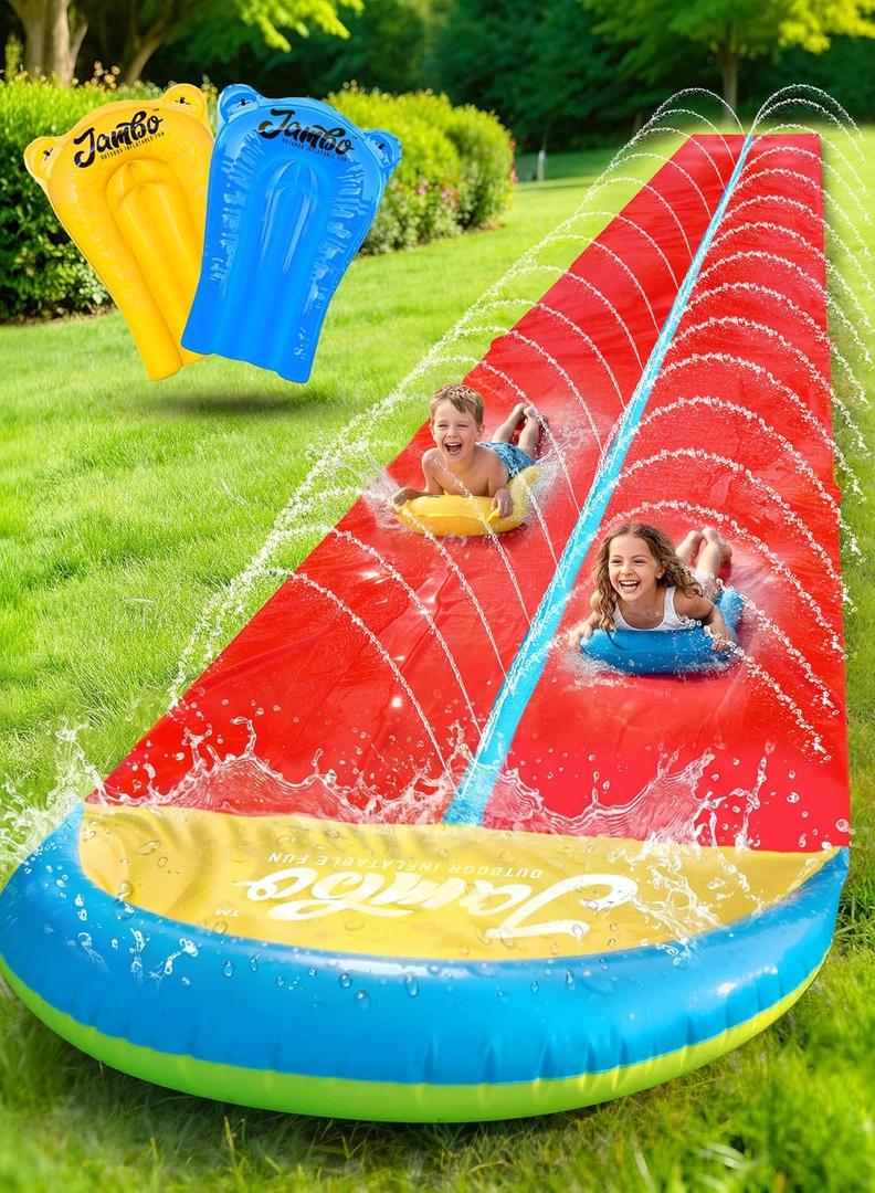 JAMBO 24Ft XL Slip Splash and Slide and 2 Bodyboards, Heavy Duty Lawn Water Slide, Summer Water Toy with Sprinkler for Backyard Outdoor Water Fun n Toys for Kids, Splash Mat Splash Pad