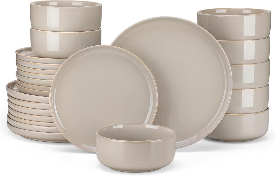 vancasso PLAYA Ceramic Plates and Bowls Sets,24 Pieces Grey Dinnerware Sets for Kitchen,Reactive Glaze Dishes Set for 8, Dishwasher and Microwave Safe (Gray)