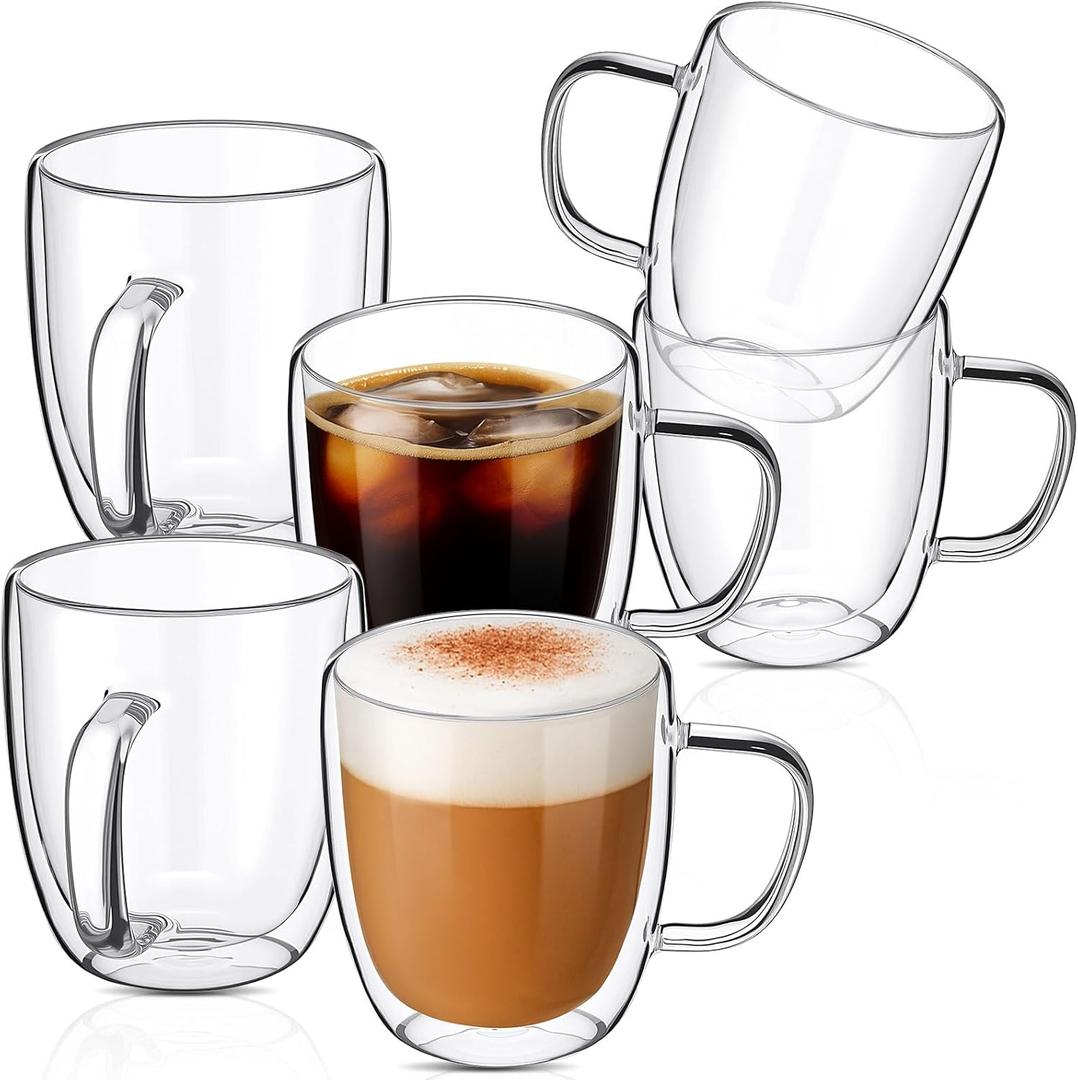 Patelai 6 Pcs 16oz Clear Glass Coffee Mugs Double Walled Coffee Cups Glasses Insulated Latte Mugs with Handle Espresso Clear Cups for Cappuccino Tea, Heat Resistant Glasses