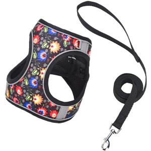 Step in Dog Harness No Pull Flower Adjustable Soft Mesh Padded Reflective Pet Vest Harness and Leash Set, XS