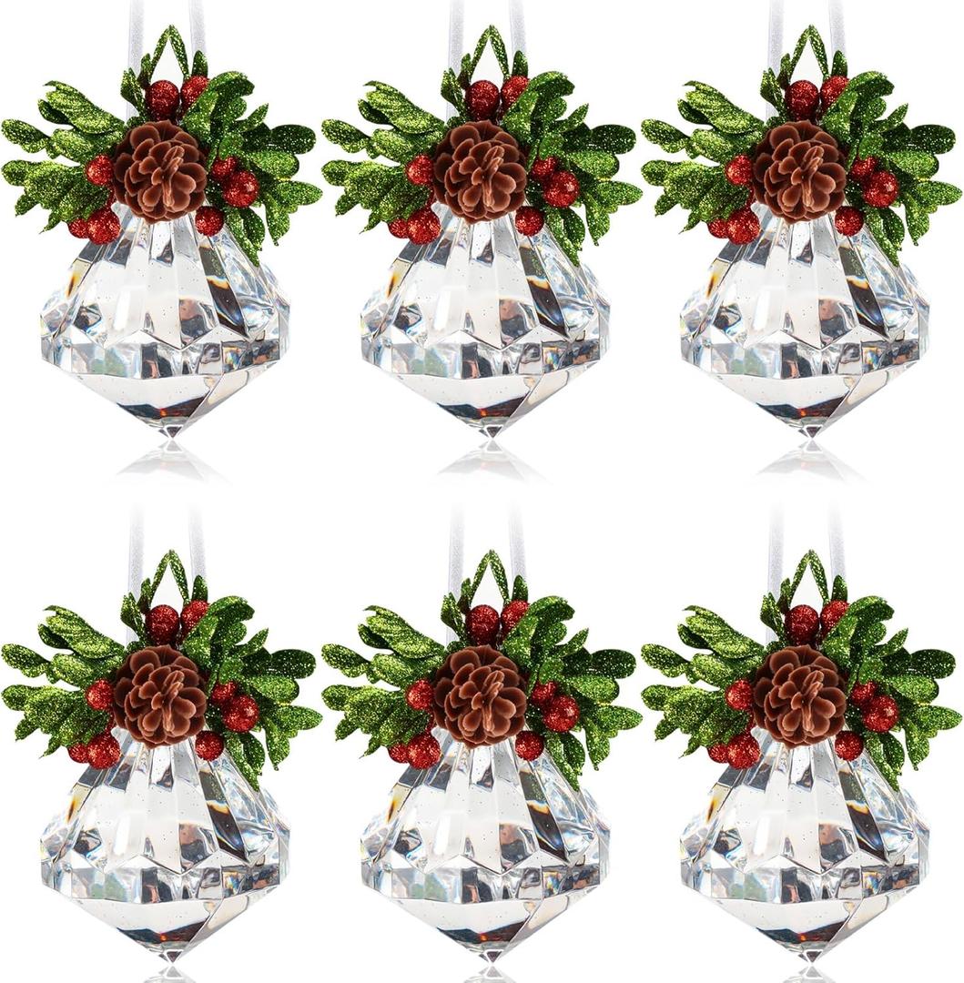 6 Pcs 4.3 Inch Mistletoe Crystal Christmas Ornament Jewel Wedding Christmas Acrylic Kissing Ball Hanging Mistletoe Ornament for Christmas Tree Home Christmas Party Supplies Xmas Gifts