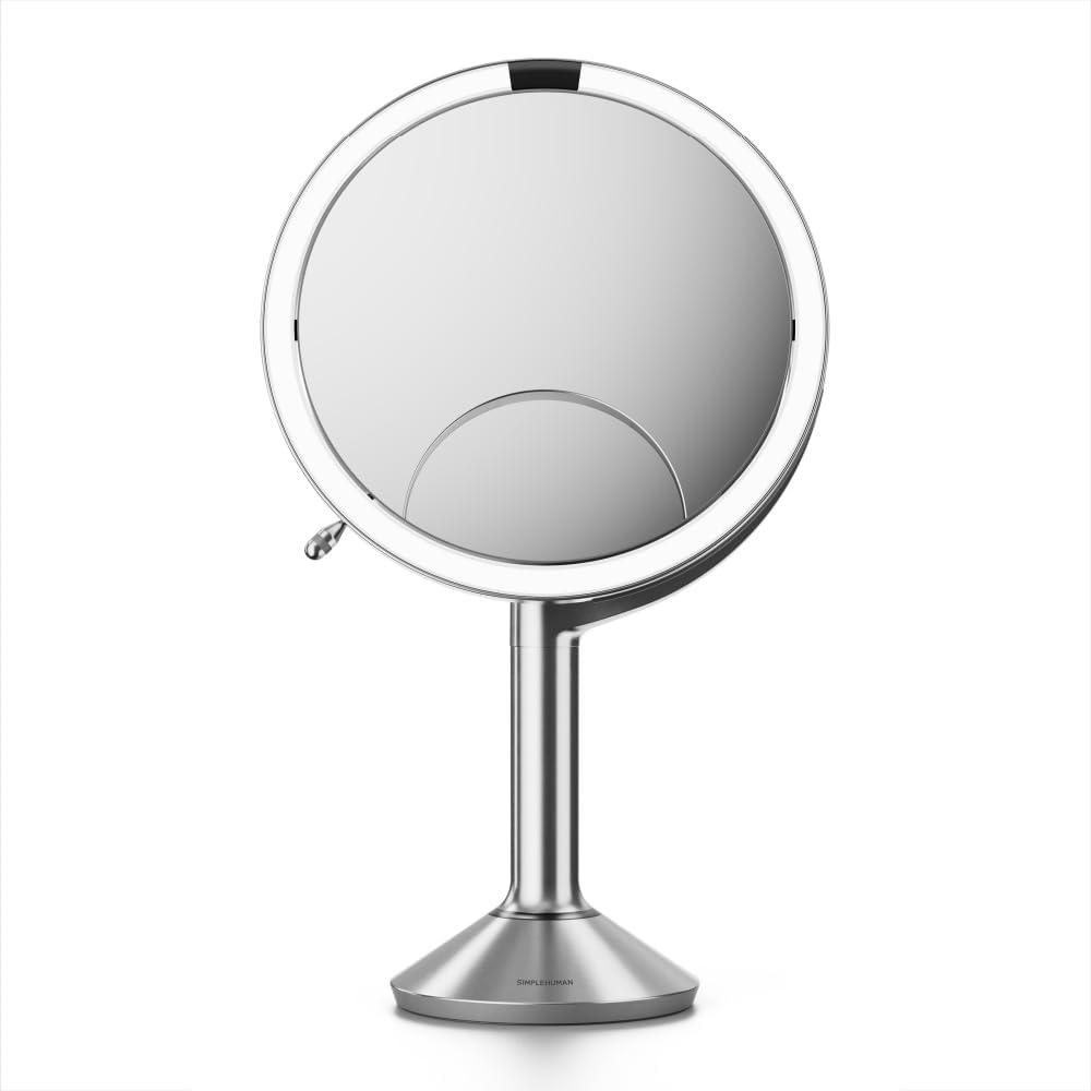simplehuman Sensor Mirror Trio, 1X 5X 10X Magnification, Round Rechargeable Beauty Makeup Mirror, Tru-Lux Full-Spectrum Light, Dual Light Settings, Adjustable Brightness, Brushed Stainless Steel