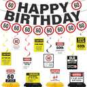 60th Birthday Decorations Women Men - 15 Pcs Caution Logos Banners Garland Hanging Swirls Funny Centerpieces Table Decor For Her Him Cheers To 60 Years Party Supplies (Black Red)