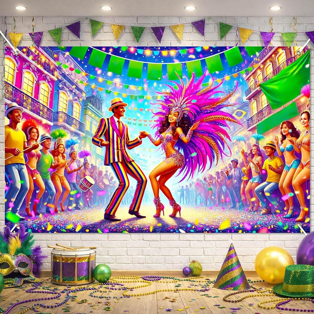 Festival Carnival Banner Mardi Gras Party Backdrop Masquerade Photoshoot Photography Background Purple New Orleans Mask Mardi Gras Party Decorations Banner Photo Booth Props (Feathered Mask#006)