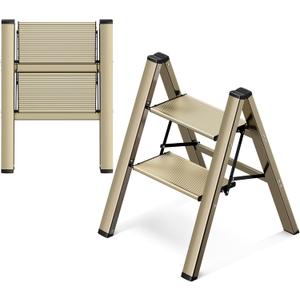 GameGem 2 Step Ladder, Aluminum Folding Step Stool with Anti-Slip Sturdy and Wide Pedal, Lightweight Portable Stepladder for Home and Kitchen Use Space Saving, 330 lbs, Champagne Gold